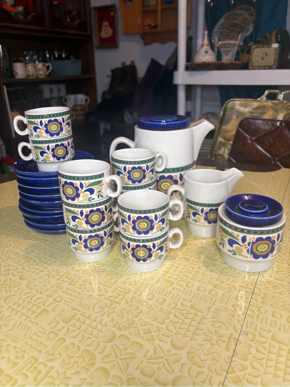 Vintage Decorative Blue Floral Porcelain Espresso Set with Cups and Accessories